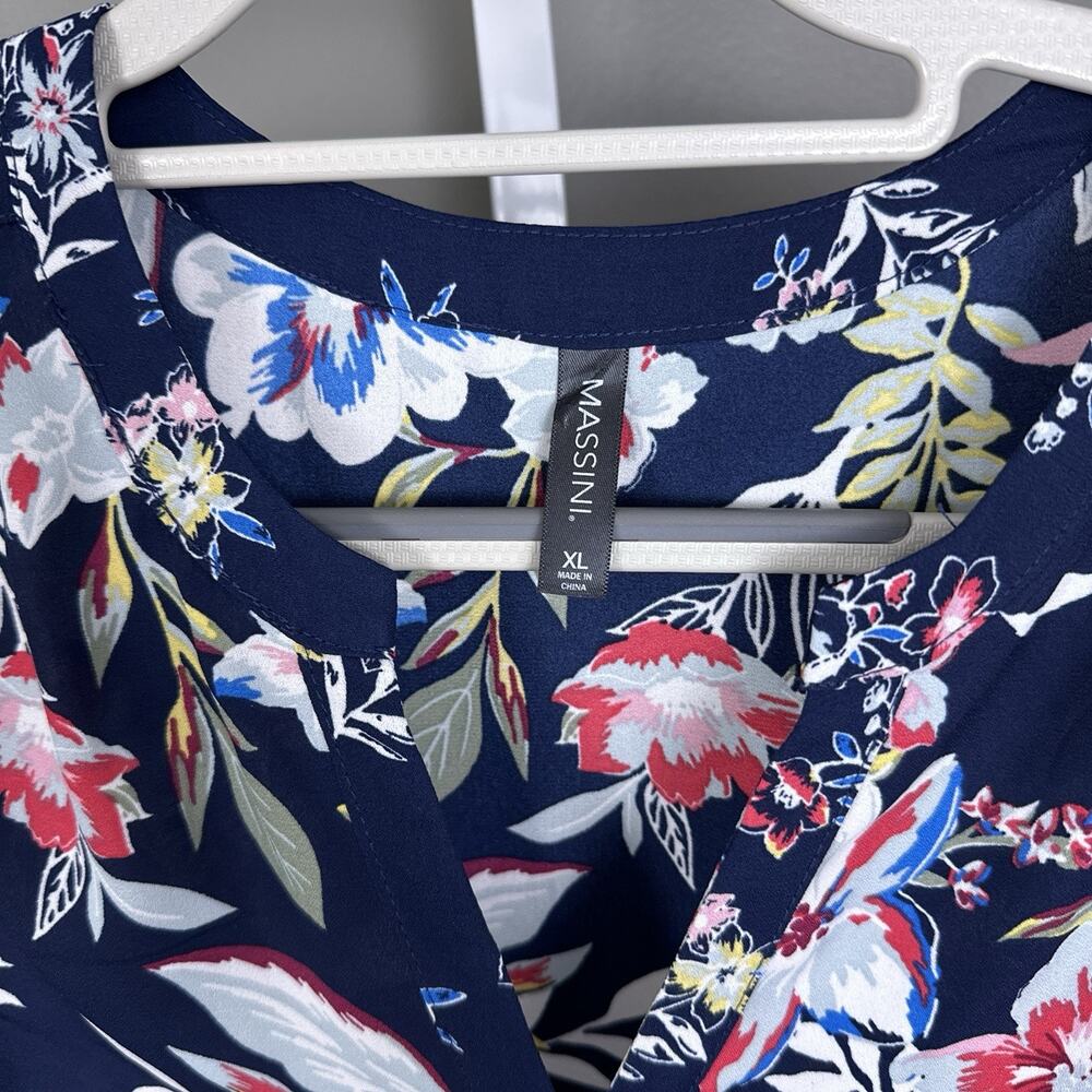 Vintage Massini Floral Dress XL Navy Tropical Midi Drawstring Waist Cottagecore - Picture 5 of 8